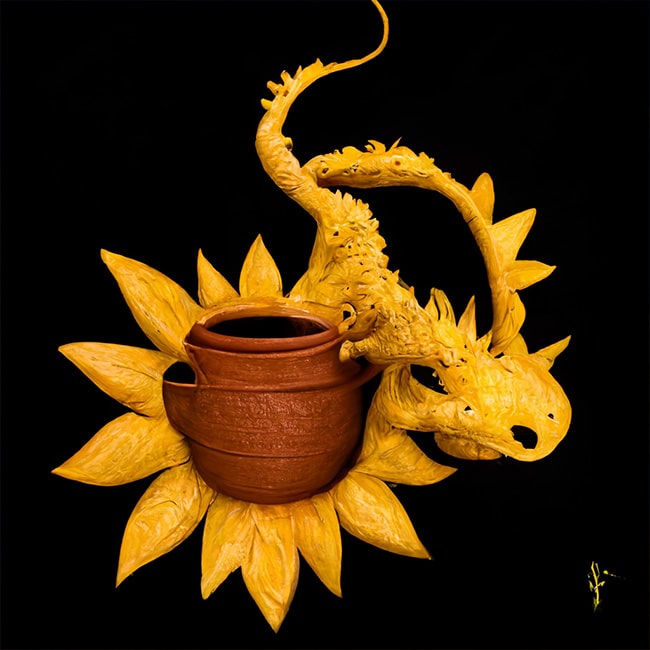 Auringon kukan ja lohikäärmeen risteymä kukkapurkin takana - tekoälytaidetta